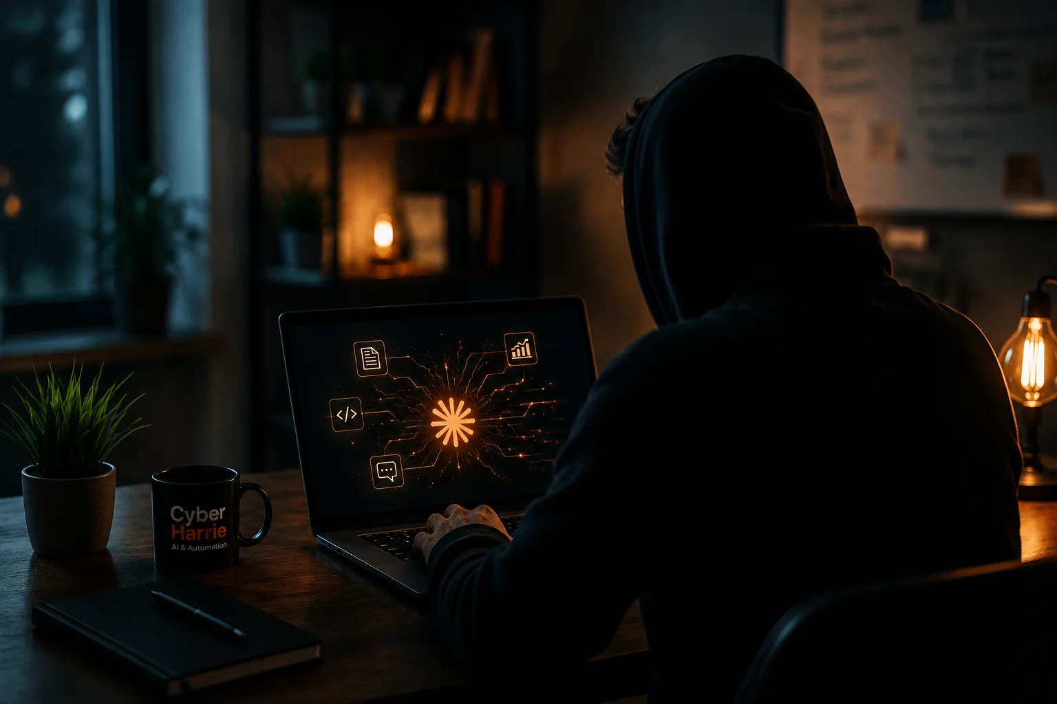 Iemand werkt 's avonds achter een laptop met een AI-netwerk in beeld