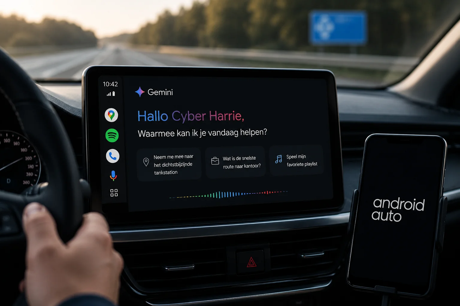 Gemini in Android Auto begroet Cyber Harrie op het dashboardscherm