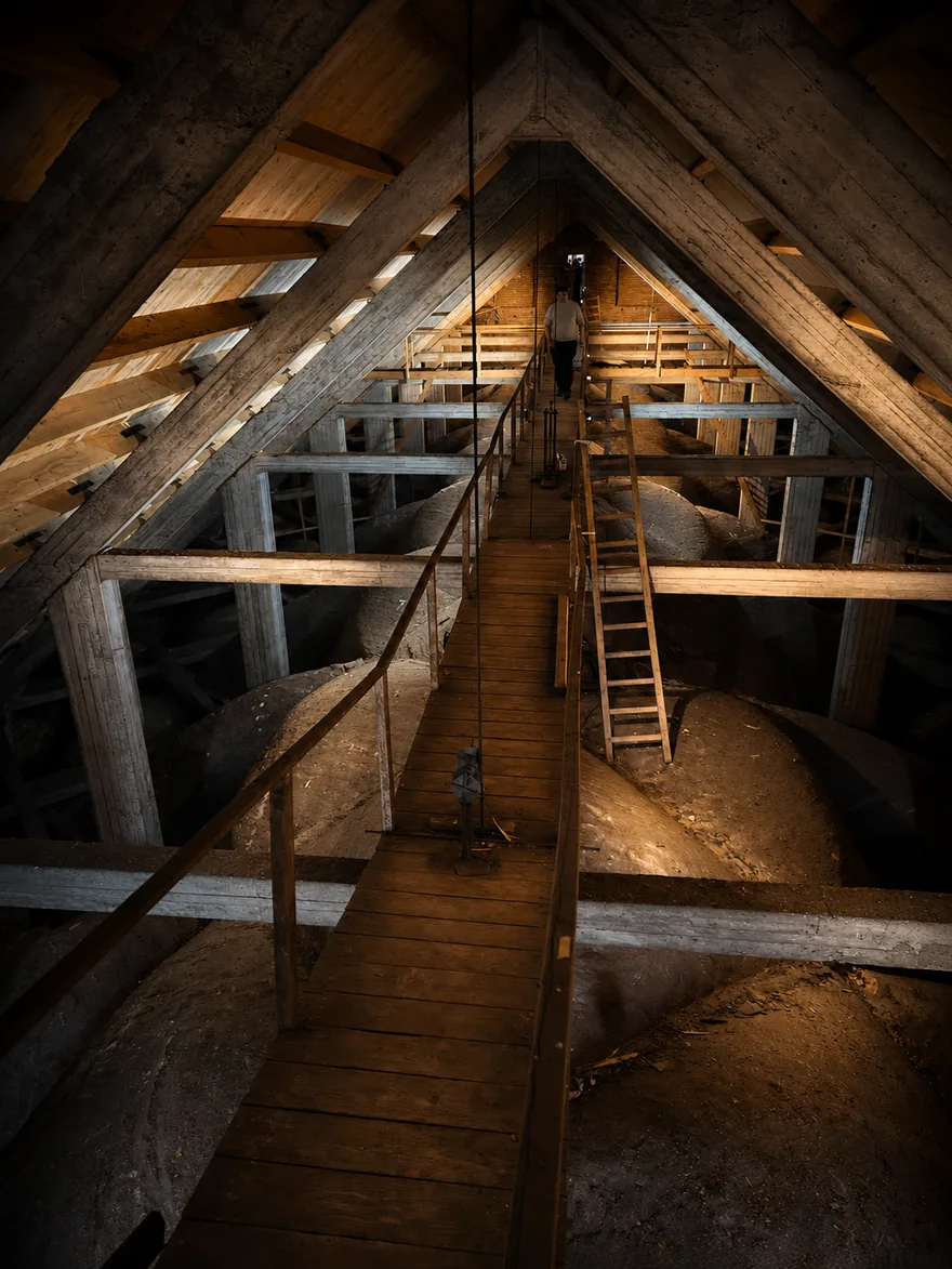 De imposante kerkzolder — eeuwenoude houten kapconstructie met loopbrug en ladders